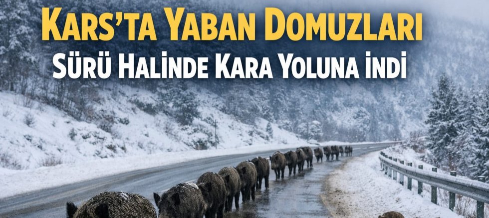 Kars’ta yaban domuzları sürü halinde kara yoluna indi